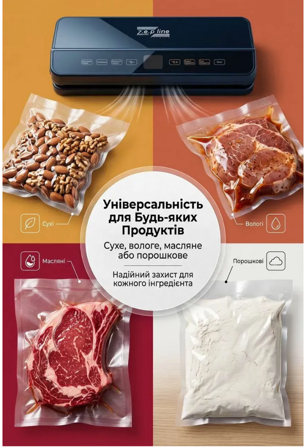 Вакууматор Zepline 200Вт з LED-підсвіткою та рулоном пакетів 15172 фото